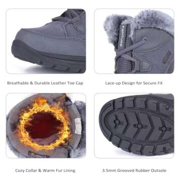 FANTURE Women's Waterproof Mid-Calf Snow Boot | Winter Thinsulate Insulation Warm Fur Lined | Anti-Slip & Lace Up Closure Cold Weather Boots U420WGLBY-Stone gray-38