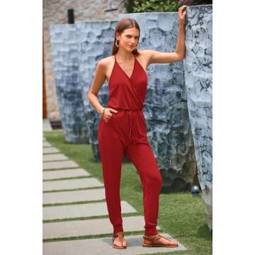 PRETTYGARDEN Women's Summer Casual Jumpsuits Wrap V Neck Sleeveless One Piece Pants Romper with Pockets (Red,Medium)