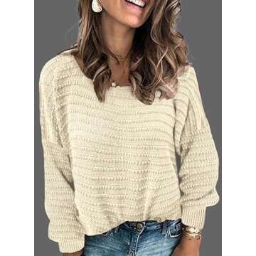 Dokotoo Womens Sweaters Crewneck Fashion Long Sleeve Fall Tops Drop Shoulder Ribbed Knit Soft Solid Loose Sweater Pullover Jumper Apricot Medium