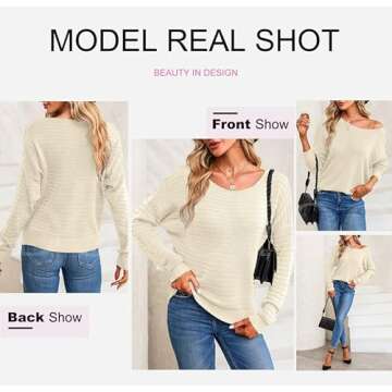 Dokotoo Womens Sweaters Crewneck Fashion Long Sleeve Fall Tops Drop Shoulder Ribbed Knit Soft Solid Loose Sweater Pullover Jumper Apricot Medium