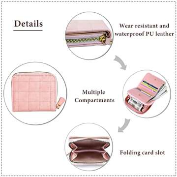FuninCrea Ladies Purse Wallet, PU Leather Purse with Multiple Card Slots and Compartments, Lady Credit Card Holder with Zipper, Solid Color Wallet with Embroidery Pattern for Women, Girls (pink)