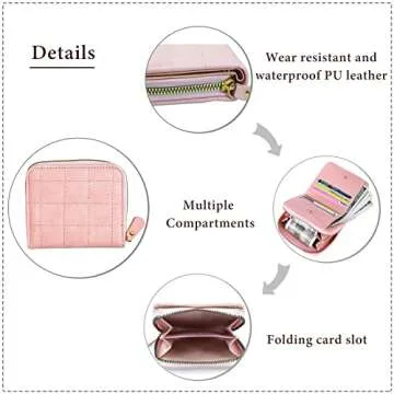 FuninCrea Ladies Purse Wallet, PU Leather Purse with Multiple Card Slots and Compartments, Lady Credit Card Holder with Zipper, Solid Color Wallet with Embroidery Pattern for Women, Girls (pink)