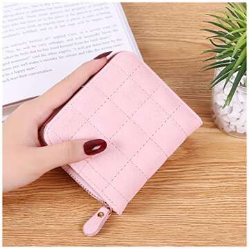 FuninCrea Ladies Purse Wallet, PU Leather Purse with Multiple Card Slots and Compartments, Lady Credit Card Holder with Zipper, Solid Color Wallet with Embroidery Pattern for Women, Girls (pink)
