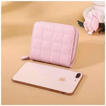 FuninCrea Ladies Purse Wallet, PU Leather Purse with Multiple Card Slots and Compartments, Lady Credit Card Holder with Zipper, Solid Color Wallet with Embroidery Pattern for Women, Girls (pink)