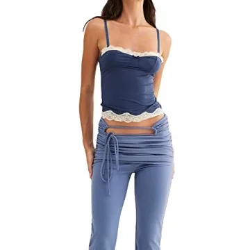 RUEWEY Women's Floral Lace Trim Crop Top Y2K Style