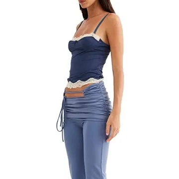 RUEWEY Women's Floral Lace Trim Crop Top Y2K Style