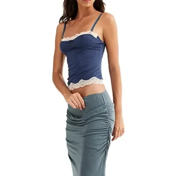 RUEWEY Women's Floral Lace Trim Crop Top Y2K Style