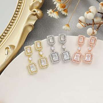 UILZ Cubic Zirconia Elegant Wedding Earrings for Women Gold Square Rhinestone Dangle Bridal Earrings for Bridesmaids Brides Crystal Rhinestones Dangle Earrings Prom Party Jewelry