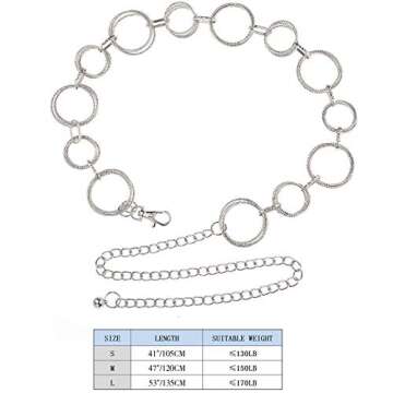 Suyi Silver O-Ring Chain Belts for Women Girls Waist Link Chain Belt for Dress 120CM Silver