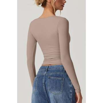 QINSEN Sexy V Neck Long Sleeve Tops for Women Double Lined Slim Fit T Shirts Going Out Top Rose Taup...