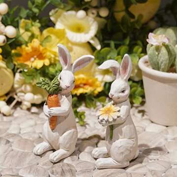Newman House Studio Easter-Decorations Bunny-Decor Spring-Figurines Table-Centerpiece - 2PC Spring Decorations Resin Rabbits with Carrot and Flower Tabletop Ornaments for Home Farmhouse 4.5H inch