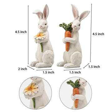 Newman House Studio Easter-Decorations Bunny-Decor Spring-Figurines Table-Centerpiece - 2PC Spring Decorations Resin Rabbits with Carrot and Flower Tabletop Ornaments for Home Farmhouse 4.5H inch