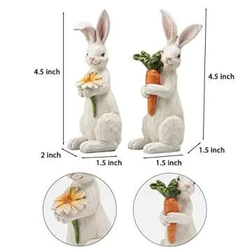 Newman House Studio Easter-Decorations Bunny-Decor Spring-Figurines Table-Centerpiece - 2PC Spring Decorations Resin Rabbits with Carrot and Flower Tabletop Ornaments for Home Farmhouse 4.5H inch