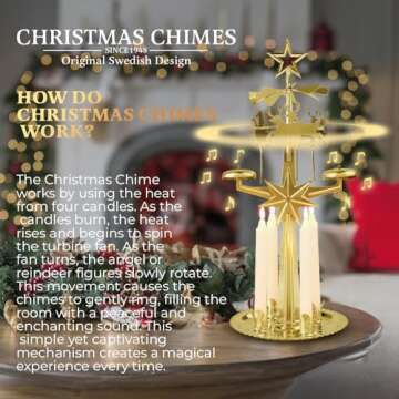 Original Swedish Christmas Chimes, Carousel and 4 Candles – Scandinavian Spinning Festive Chimes f...