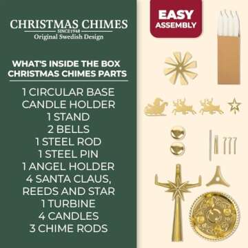 Original Swedish Christmas Chimes, Carousel and 4 Candles – Scandinavian Spinning Festive Chimes for Christmas, Best Memorial Gift Since 1948, Home Decorations - Christmas Brass Gold Color