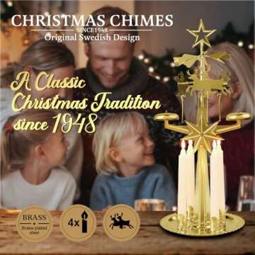 Original Swedish Christmas Chimes, Carousel and 4 Candles – Scandinavian Spinning Festive Chimes for Christmas, Best Memorial Gift Since 1948, Home Decorations - Christmas Brass Gold Color