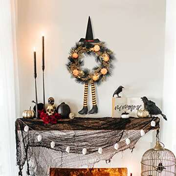 Rocinha Halloween Wreaths for Front Door Outdoor 17 Inch Spooky Halloween Witch Wreath with Witch Le...