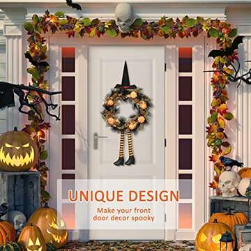 Rocinha Halloween Wreaths for Front Door Outdoor 17 Inch Spooky Halloween Witch Wreath with Witch Legs Hat and Pumpkin Halloween Witch Decorations for Holiday Party Thanksgiving Decor