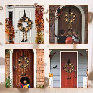 Rocinha Halloween Wreaths for Front Door Outdoor 17 Inch Spooky Halloween Witch Wreath with Witch Legs Hat and Pumpkin Halloween Witch Decorations for Holiday Party Thanksgiving Decor