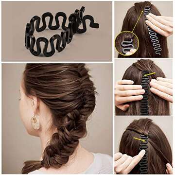 TsMADDTs Hair Braiding Tools Set, 8PCS Topsy Tail Tools, 8PCS French Centipede Braiders for French Twist Plait Ponytail, 10PCS Black Hair Ties Bulk