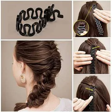 TsMADDTs Hair Braiding Tools Set, 8PCS Topsy Tail Tools, 8PCS French Centipede Braiders for French Twist Plait Ponytail, 10PCS Black Hair Ties Bulk