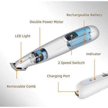 Electric Dog Paw Fur Trimmer for Small Cat Dog Clippers Cordless Ear Hair Clipper Mini Light up Grooming Clippers 2 Speeds Rechargeable Quiet Grooming for Paw Eyes Ears Face Rump
