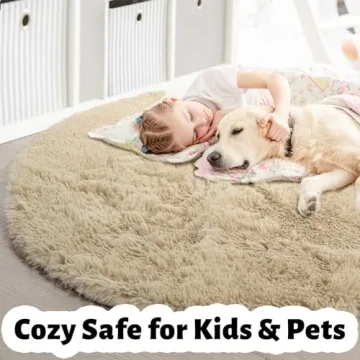 Fluffy Round Beige Rug for Kids Room & Nursery