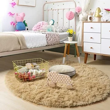 Fluffy Round Beige Rug for Kids Room & Nursery