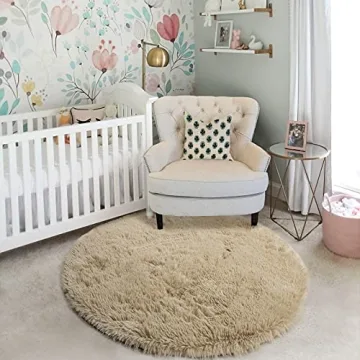 Fluffy Round Beige Rug for Kids Room & Nursery