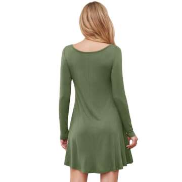 DEARCASE Women's T-Shirt Dress Army Green Large V-Neck Spring Casual Loose Long Sleeve Fall Winter Wedding Guest Knee Length Jersey Flowy Stretch Solid A-Line Swing Sweater Tunic Dresses