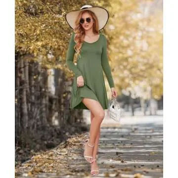 DEARCASE Women's T-Shirt Dress Army Green Large V-Neck Spring Casual Loose Long Sleeve Fall Winter Wedding Guest Knee Length Jersey Flowy Stretch Solid A-Line Swing Sweater Tunic Dresses