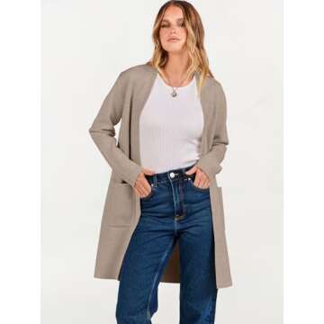 ANRABESS Cardigan Sweater for Women Casual 2024 Fall Fashion Coat Long Sleeve Open Front Knit Coatigan Outwear Red Khaki Medium