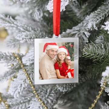 UNIQOOO 8 Pcs Christmas Acrylic Silver Photo Frame Ornaments for Display Picture, 2.5 x 2.5 inch Festive Hanging Decoration, Double-Sided Picture Frames for Holiday, Home, Party, Tree Decorations