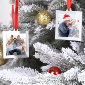 UNIQOOO 8 Pcs Christmas Acrylic Silver Photo Frame Ornaments for Display Picture, 2.5 x 2.5 inch Festive Hanging Decoration, Double-Sided Picture Frames for Holiday, Home, Party, Tree Decorations