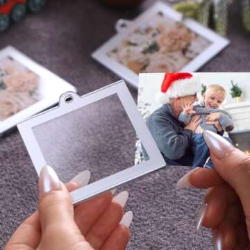 UNIQOOO 8 Pcs Christmas Acrylic Silver Photo Frame Ornaments for Display Picture, 2.5 x 2.5 inch Festive Hanging Decoration, Double-Sided Picture Frames for Holiday, Home, Party, Tree Decorations