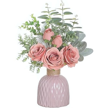 Artificial Flowers with Ceramic Vase,Faux Silk Roses and Fake Plant Eucalyptus in Vase for centerpie...