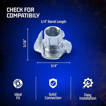 Bolt Dropper T-Nut Wood Insert, Carbon Steel, Black Zinc Finish, 4-Prong 1/4"-20x5/16, Flush Surface Fasteners for Wood, Particle, or Composite Materials Workpiece, Set of 100, Salted Pecans