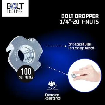 Bolt Dropper T-Nut Wood Insert, Carbon Steel, Black Zinc Finish, 4-Prong 1/4"-20x5/16, Flush Surface Fasteners for Wood, Particle, or Composite Materials Workpiece, Set of 100, Salted Pecans