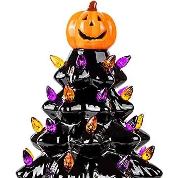 RJ Legend Ceramic Tree - Christmas Decoration Made with Ceramic, Orange Pumpkin Head-Home Decoration Over 35 Multicolor Bulbs, LED Light Up by Battery - Black, 9 Inch