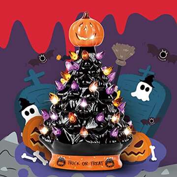 RJ Legend Ceramic Tree - Christmas Decoration Made with Ceramic, Orange Pumpkin Head-Home Decoration Over 35 Multicolor Bulbs, LED Light Up by Battery - Black, 9 Inch