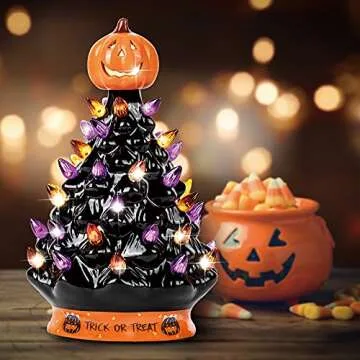 RJ Legend Ceramic Tree - Christmas Decoration Made with Ceramic, Orange Pumpkin Head-Home Decoration Over 35 Multicolor Bulbs, LED Light Up by Battery - Black, 9 Inch