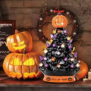 RJ Legend Ceramic Tree - Christmas Decoration Made with Ceramic, Orange Pumpkin Head-Home Decoration Over 35 Multicolor Bulbs, LED Light Up by Battery - Black, 9 Inch