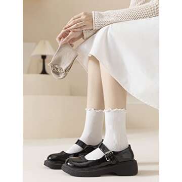 ACCFOD Ruffle Socks for Women Frilly Cute Socks for Women White Black Gray Ankle Socks 5-9