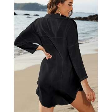 POGTMM Womens Bathing Suit Cover Ups Swimming Pool Bikini Swimsuit Coverup Button Down Shirt Beach Mini Dress (M, Black)