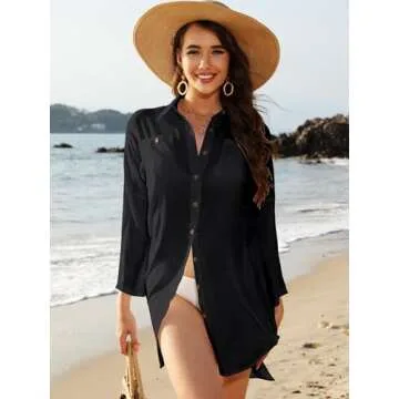 POGTMM Womens Bathing Suit Cover Ups Swimming Pool Bikini Swimsuit Coverup Button Down Shirt Beach Mini Dress (M, Black)