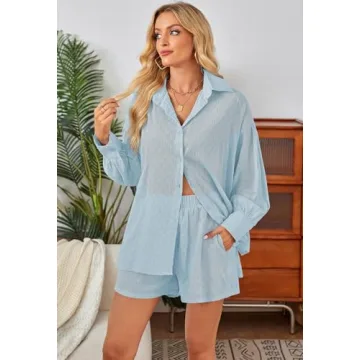 Fixmatti Women Casual 2 Piece Tracksuit Loose Button Blouse Shirt Top High Wasit Elastic Shorts Set Summer Outfits Blue S