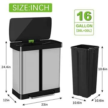Kitchen Trash Can 16 Gallon/ 60L Stainless Steel Dual Trash Can with Lid & Double Barrel, High-Capac...