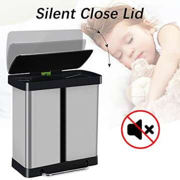 Kitchen Trash Can 16 Gallon/ 60L Stainless Steel Dual Trash Can with Lid & Double Barrel, High-Capacity Step Garbage Can Classified Recycle Rubbish Bin Combo for Bathroom Bedroom Home Office