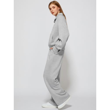 Lounge Sets for Women 2025 Fall Winter 2 Piece Outfits Half Zip Sweatshirt Wide Leg Sweatpant Lounge Matching Sweat Set Athleisure Wear Travel Clothes Set Sweatsuit Tracksuit Light Grey S