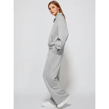 Lounge Sets for Women 2025 Fall Winter 2 Piece Outfits Half Zip Sweatshirt Wide Leg Sweatpant Lounge Matching Sweat Set Athleisure Wear Travel Clothes Set Sweatsuit Tracksuit Light Grey S